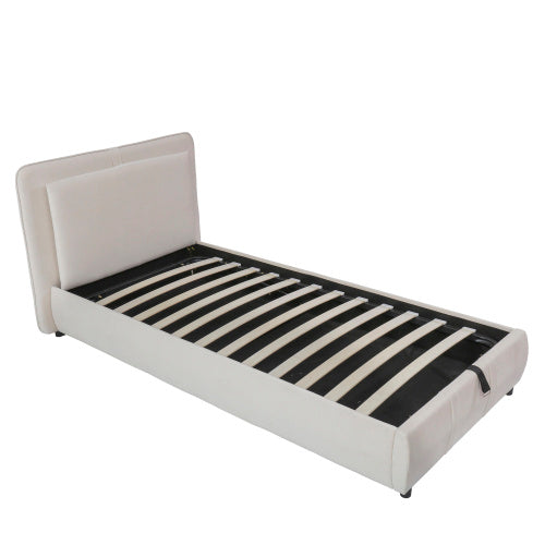 UK Local Upholstered Bed, Hydraulic Bed With Storage Function, 3ft Single Bed 90x190cm, Durable And Sturdy, Removable Soft Headboard Backrest, Velvet  Plywood, Beige