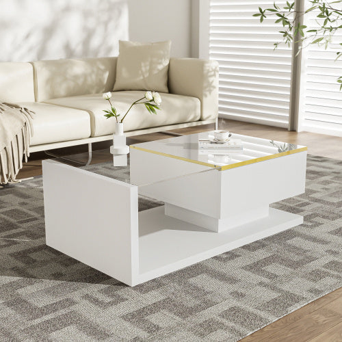 UK Local 90 Cm Long Coffee Table, High-Gloss White. Side Tables, Coffee Tables With Glass And LED Effect