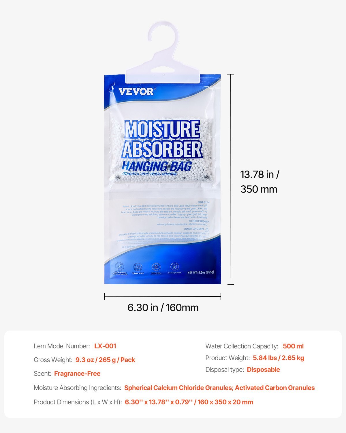 US Local VEVOR HangingMoisture Absorber, 9.3 Oz Hanging Closet Dehumidifier Bags 10 Packs, Fragrance FreeMoisture Bags In Wardrobes, Bedrooms, Bathrooms