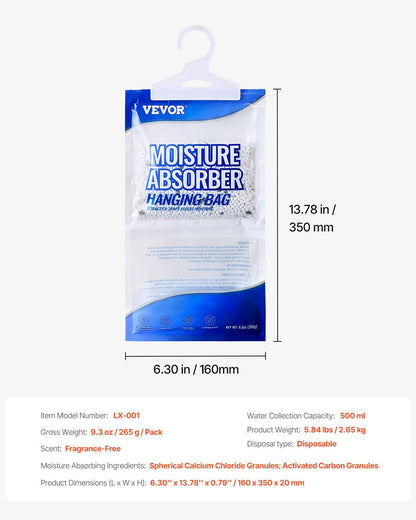 US Local VEVOR HangingMoisture Absorber, 9.3 Oz Hanging Closet Dehumidifier Bags 10 Packs, Fragrance FreeMoisture Bags In Wardrobes, Bedrooms, Bathrooms