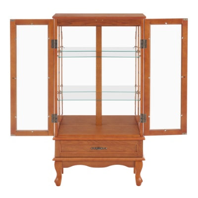 US Local Lighted Glass Cabinet Glass Wine Cabinet Curio Display Cabinet With Adjustable Glass Shelves 2 Doors And 1 Drawer Cabinet Bulb Included OAK