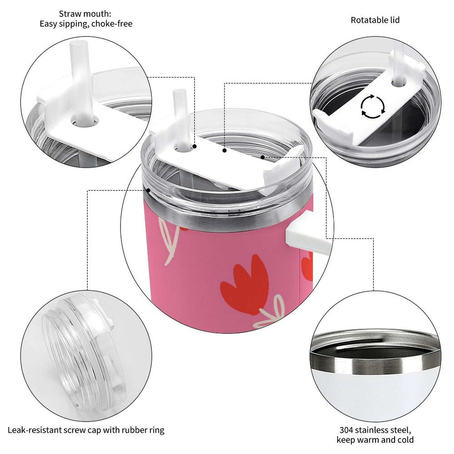 PHDT00058 POD US Local Tumbler 40 oz Large Capacity Car Cup Tulip, Red, Flower