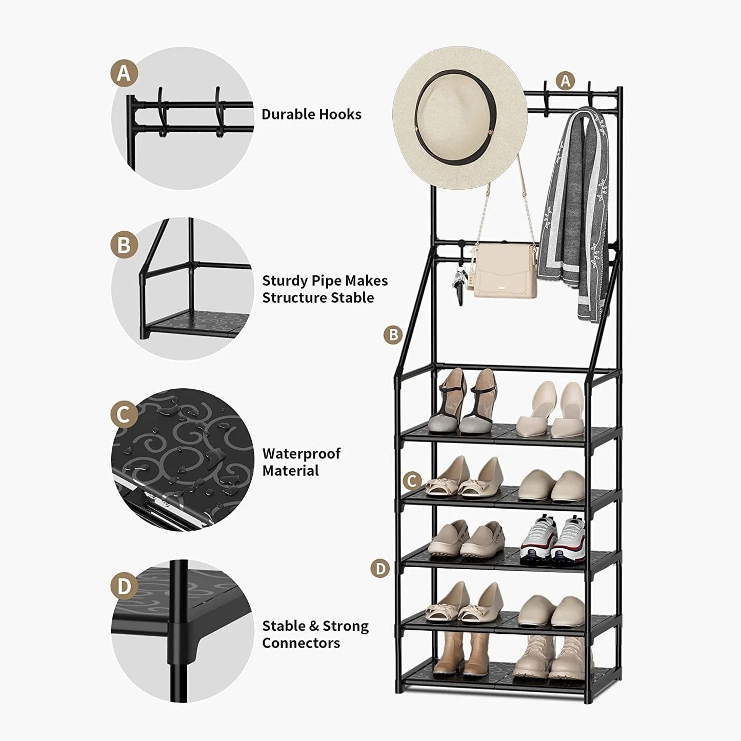 US Local 5-Tier Shoe Rack Shoe Storage For Entryway,Narrow Shoe Rack,Coat And Shoe Rack With 8 Hooks
