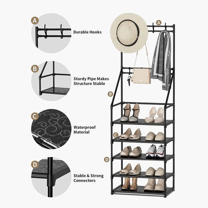US Local 5-Tier Shoe Rack Shoe Storage For Entryway,Narrow Shoe Rack,Coat And Shoe Rack With 8 Hooks