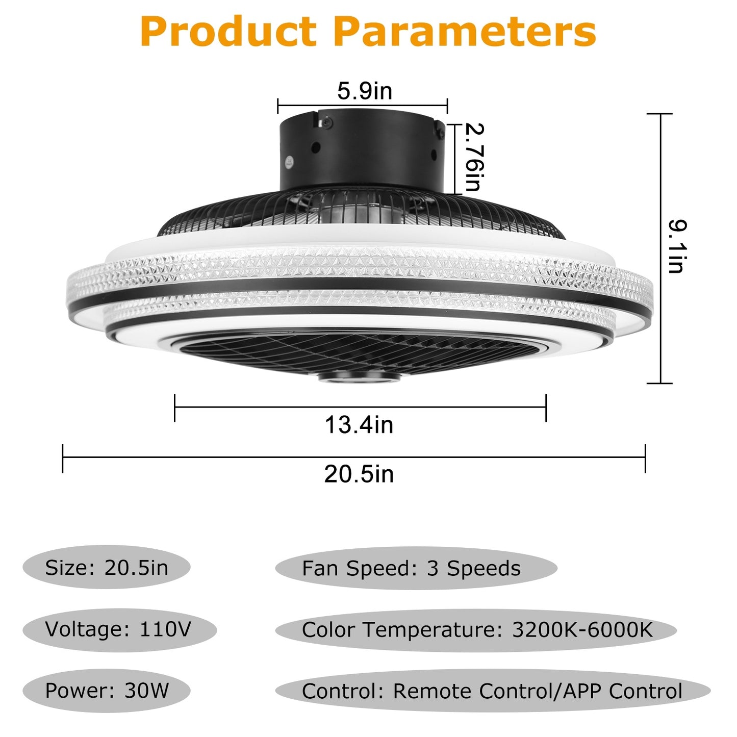 US Local 20.5in Ceiling Fan With Light Round Pendant Fan Lamp 30W LED Ceiling Fan With 3-Fan Speed Remote Control Timer APP Control
