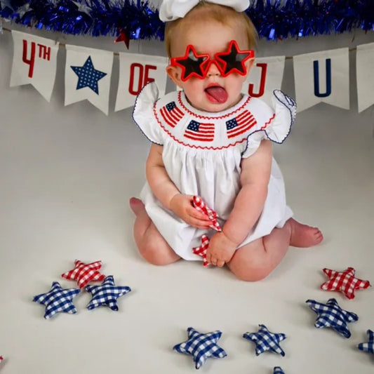 US Local Baby Girl 4th Of July Bubble Romper, Smocked Fly Sleeve Bodysuit With American Flag Embroidery