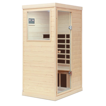 US Local Hemlock Mini One Person Far Infrared Door On The Left Of The Indoor Sauna Room