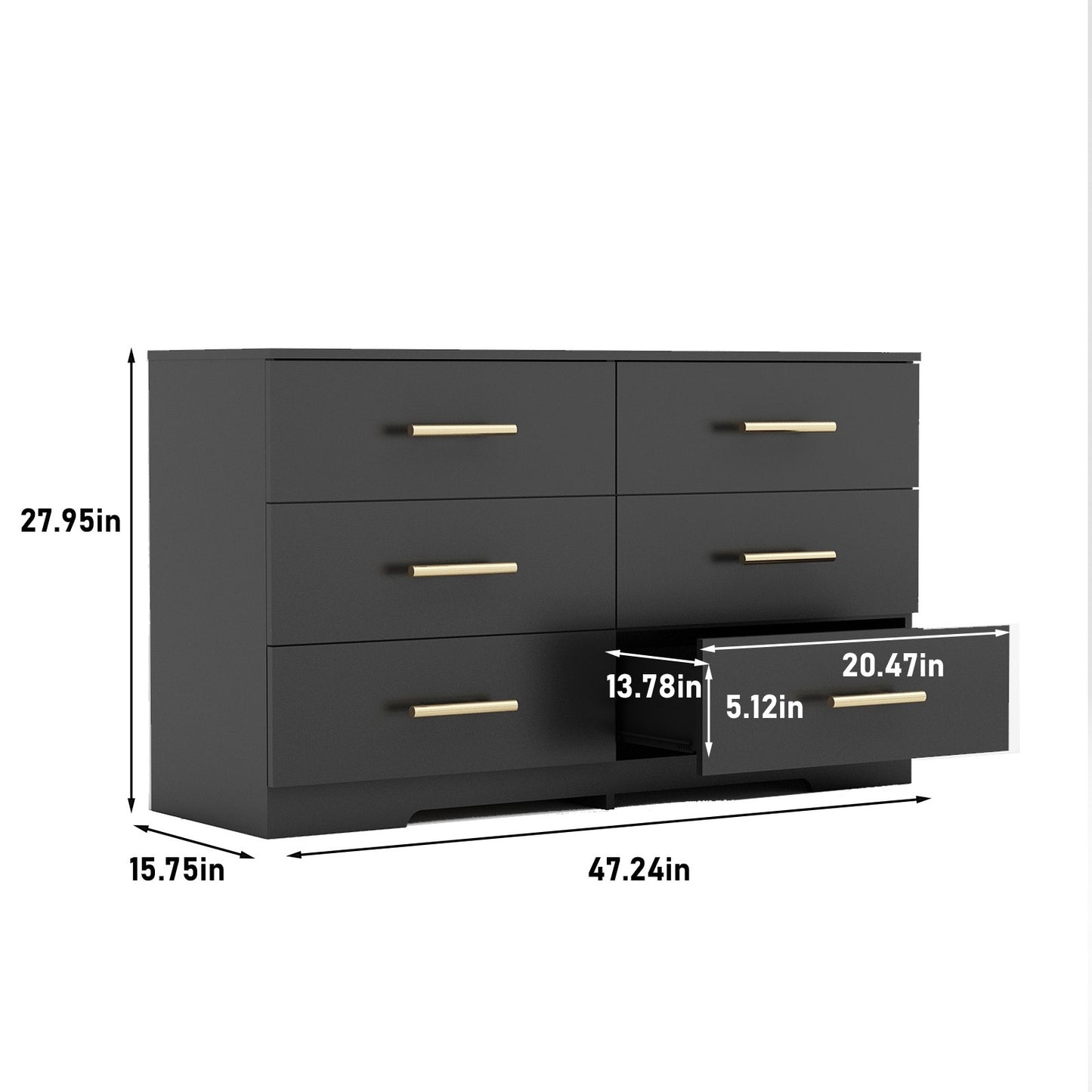 US Local Black Color Large 6 Drawers Chest Of Drawer Dressers Table With Golden Handle