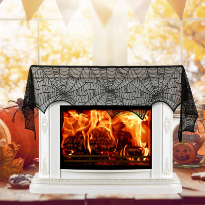 US Local Halloween Decoration Black Lace Spiderweb Fireplace Mantle Scarf Cover Festive Party Supplies Fireplace Scarf 96 X 18 Inch For Halloween Christmas Party Door Window Decoration