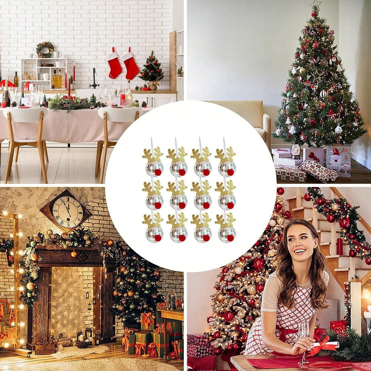 US Local 5 Pcs Disco Mirror Christmas Ball Pendants With Elk Antlers Cute Disco Ball Accessories Car Disco Mirrors Deer Antler Ornament Halloween Props For Xmas Trees Garlands Music Festival Birthday Party Dec