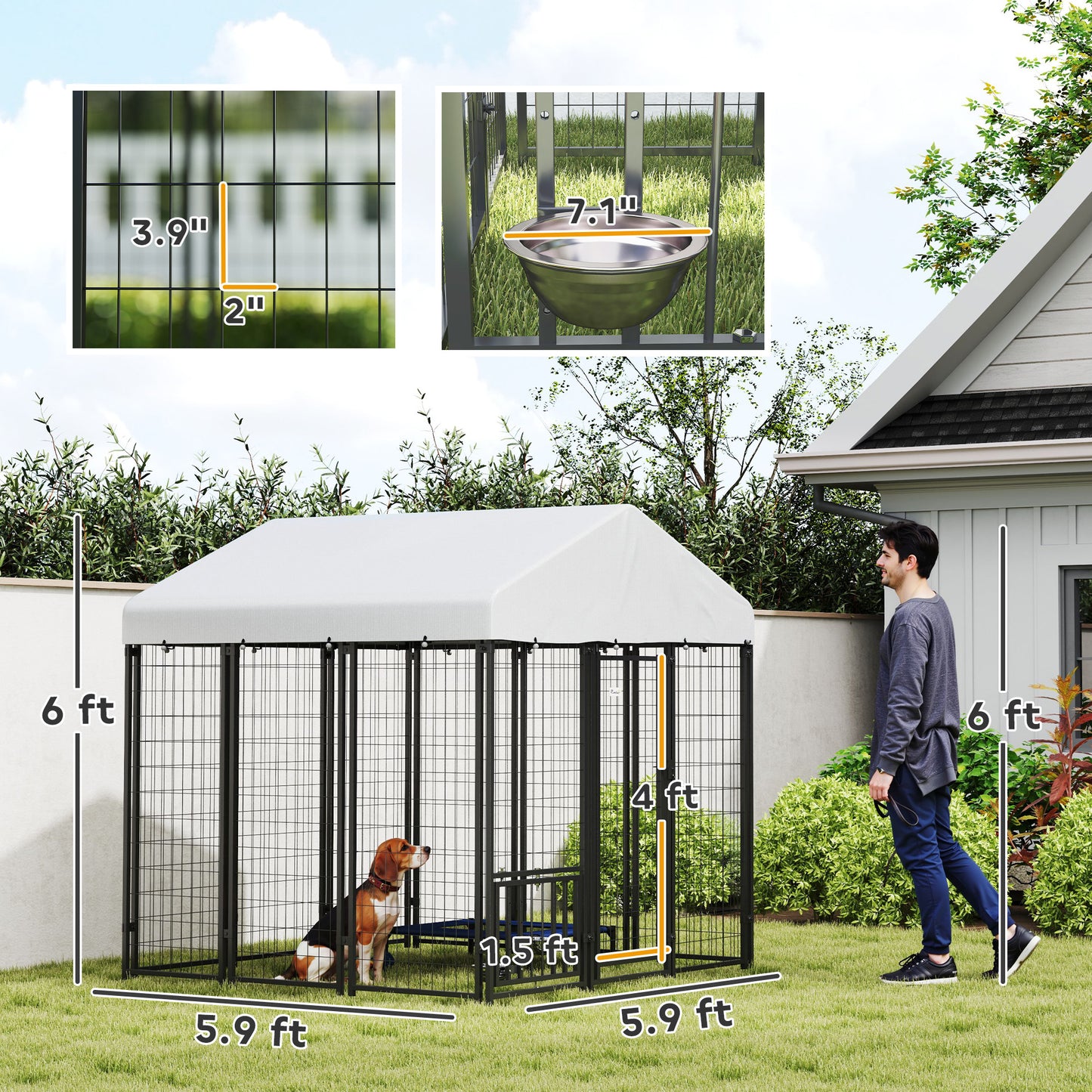 US Local 5.9 X 5.9 X 6 Outdoor Dog Kennel With Roof, Rotating & 4-Level Adjustable Bowls