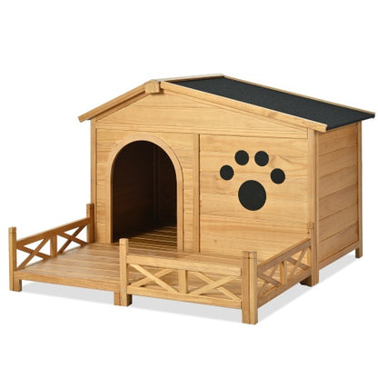 US Local 48 Wooden Dog House Outdoor With Porch, Dog Kennel With Water-Resistant Asphalt Roof And Fencing,Indoor & Outdoor Dog Crate With Paw Print, Medium, Nature