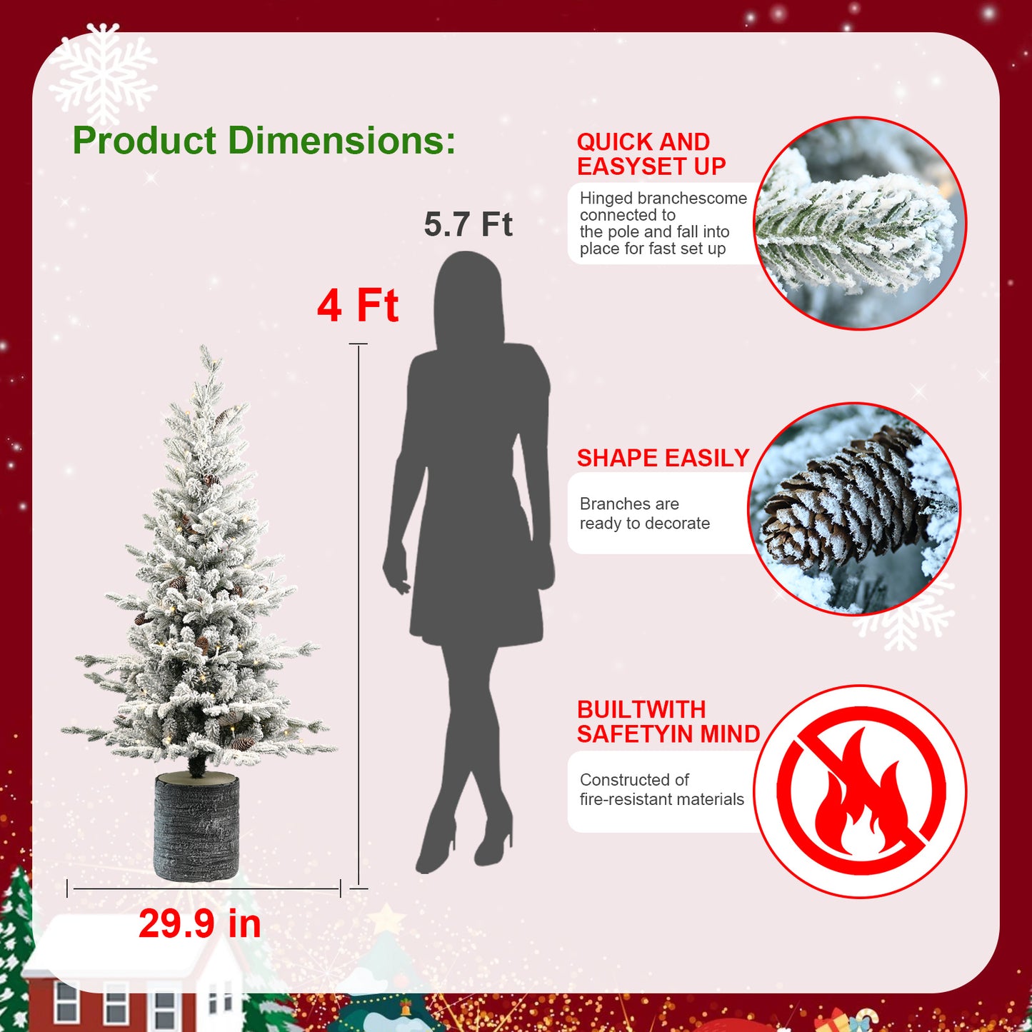 US Local 2,3,4,5,6ft PE PVC Decorated Flocking Basin Tree Artificial Christmas Tree