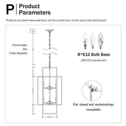 US Local 8-Light Metal Lantern Tiered Pendant Hanging Light Fixtures, Industrial Farmhouse Adjustable Height Chandeliers For Dining Room Hallway Foyer Entryway--Matte Black E12 Bulbs Not Included