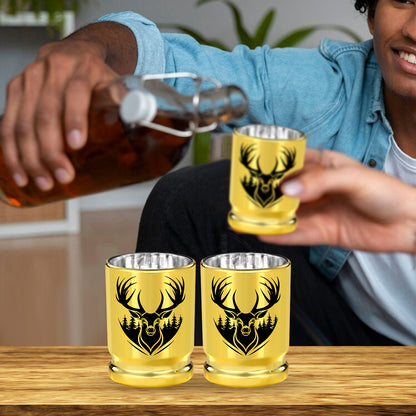 US Local 2 pcs  50 Caliber Deer Head Golden Plastic Wine Glasses With Gift Box - Leak Proof, Reusable - Stylish Animal Print Design, Suitable For Whiskey, Tequila, Etc