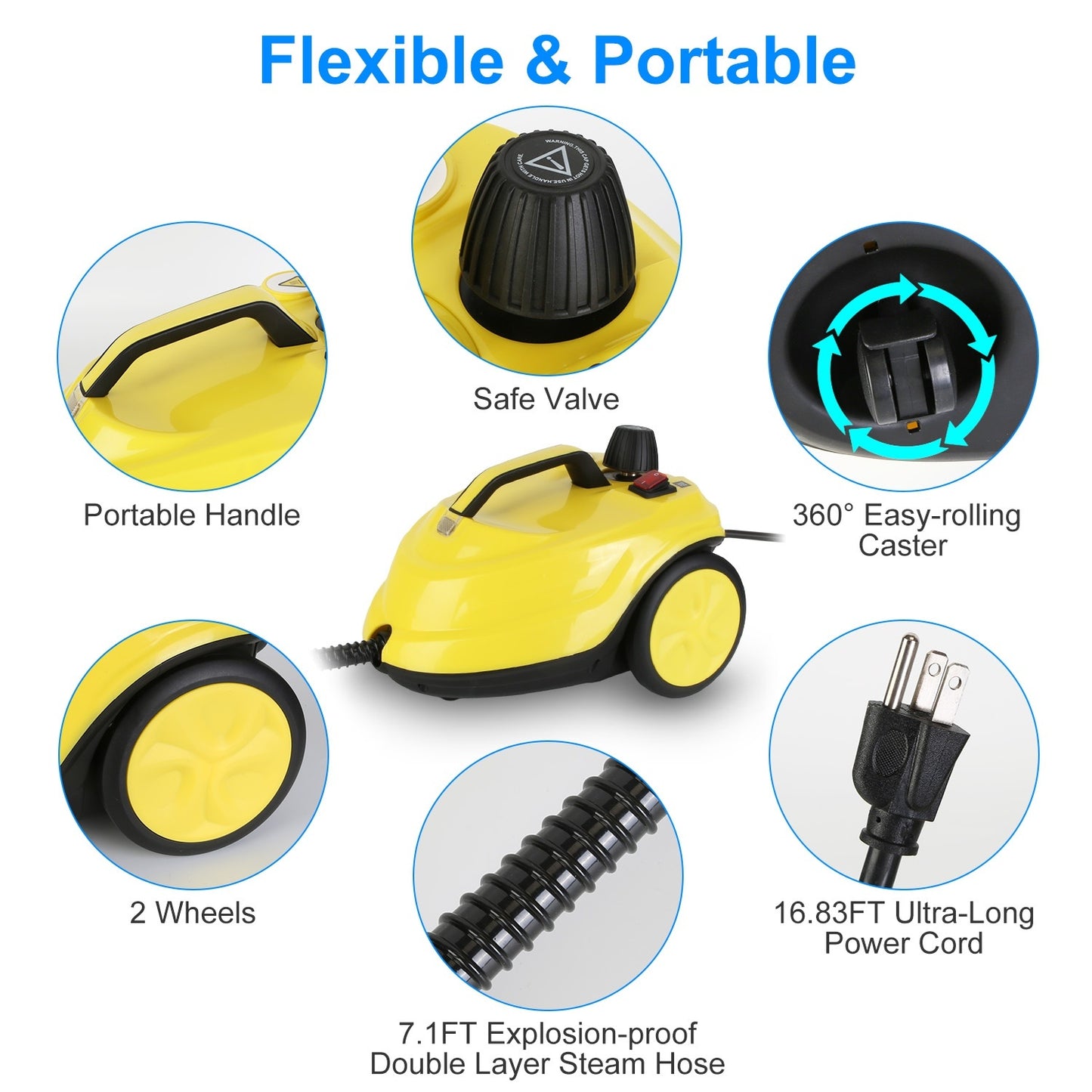 US Local 1Pc 1800W Steam Cleaning Machine With Wheels High Temperature And Pressure Steamer Cleaner With 2L Water Tank Stepless Steam Control 15 Accessories