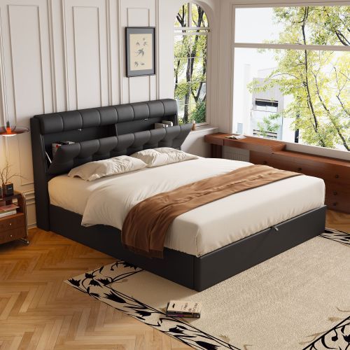 UK Local Fashion Upholstered Bed,135x190 4ft6, Double Bed,Hydraulic Bed,Concealed Headboard Storage,Bed Box Storage,PU,With Slats And Headboard,Without Mattress,Cream White
