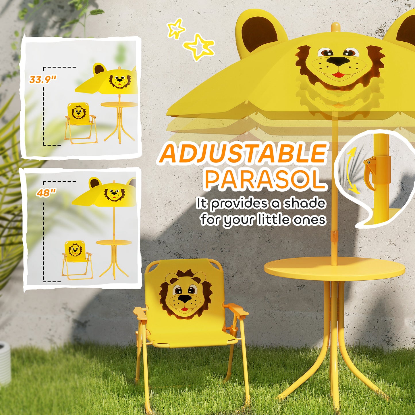 US Local Kids Picnic Table And Chair Set, Outdoor Activity Table With Foldable Chairs, Height Adjustable Umbrella, Yellow