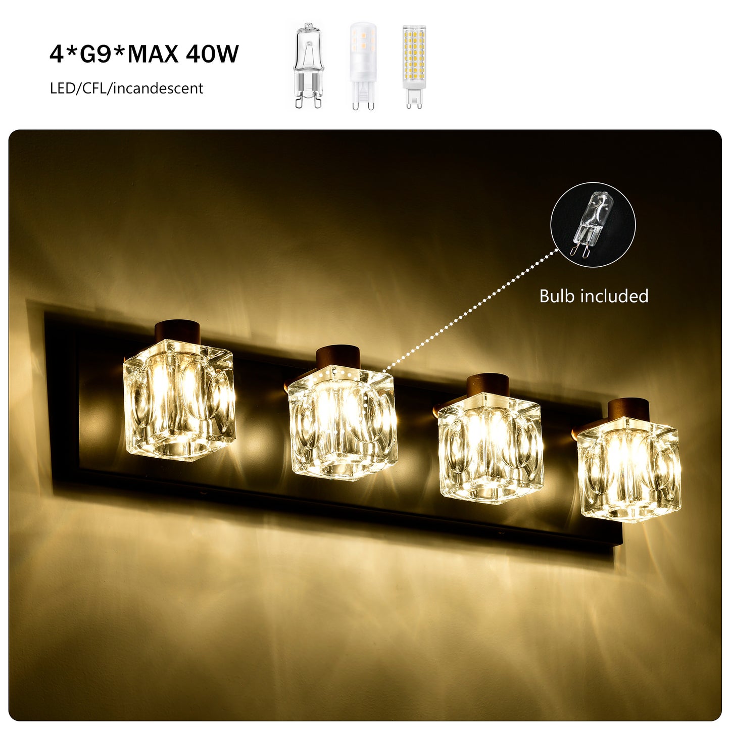 US Local 4-Light Matte Black Gold Bathroom Light Fixtures, Modern Vanity Lights With Crystal Glass Shade, Vintage Light Fixture Bathroom Over Mirror Wall Lights For Kitchen Dinning Room Bedroom Hallway