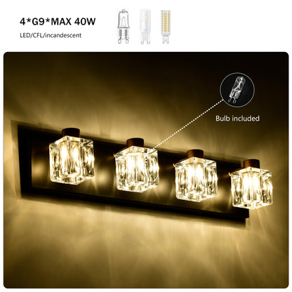US Local 4-Light Matte Black Gold Bathroom Light Fixtures, Modern Vanity Lights With Crystal Glass Shade, Vintage Light Fixture Bathroom Over Mirror Wall Lights For Kitchen Dinning Room Bedroom Hallway