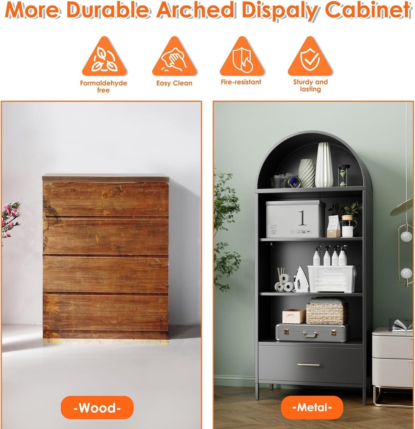 US Local Metal Arched Bookshelf, Accent Arch Kitchen Pantry Cabinet With Drawer For Home Office Bar Living Room Farmhouse Black