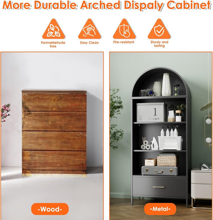 US Local Metal Arched Bookshelf, Accent Arch Kitchen Pantry Cabinet With Drawer For Home Office Bar Living Room Farmhouse Black