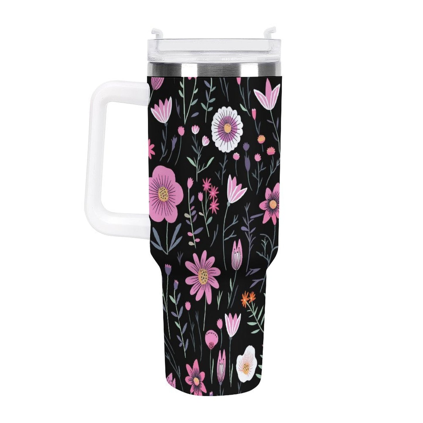 PHDT00211 POD US Local Tumbler 40oz Large Capacity Car Cup Flower Branches, Pink, Black