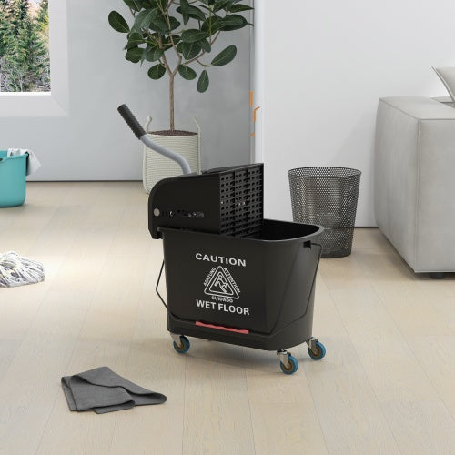 US Local HOMCOM Mop Bucket With Wringer On Wheels For Floor Cleaning, 21 Quart, Separate Dirty And Clean Water, Black