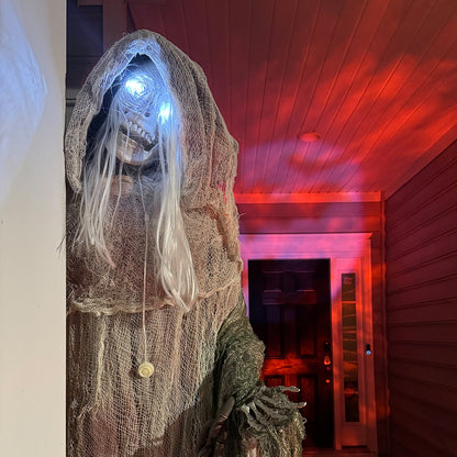 US Local 74inch Life Size Outdoor Halloween Decorations Skeleton Witch, Sound And Motion Activated Animated Prop Animatronic Decor With Light Up Eyes, Spooky Sound