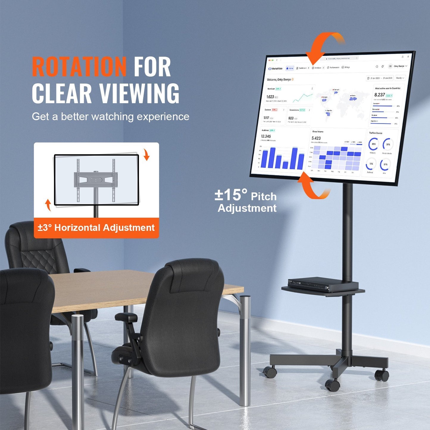 US Local VEVOR Mobile TV Stand, Mobile TV Cart For 23 To 60 Inch TVs, Height Adjustable Portable TV Stand With Wheels, With A Tray For Audio-Visual Devices, Rolling TV Stand With Mount For Bedroom, Living Room