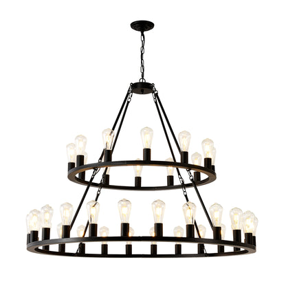 US Local 48 Inch Black Extra Large Wagon Wheel Chandelier, 2 Tier 36-Lights No Include Farmhouse Industrial Round High Ceiling Pendant Light Adjustable Chain, For Dining Room, Living Room,Kitchen