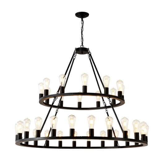US Local 48 Inch Black Extra Large Wagon Wheel Chandelier, 2 Tier 36-Lights No Include Farmhouse Industrial Round High Ceiling Pendant Light Adjustable Chain, For Dining Room, Living Room,Kitchen