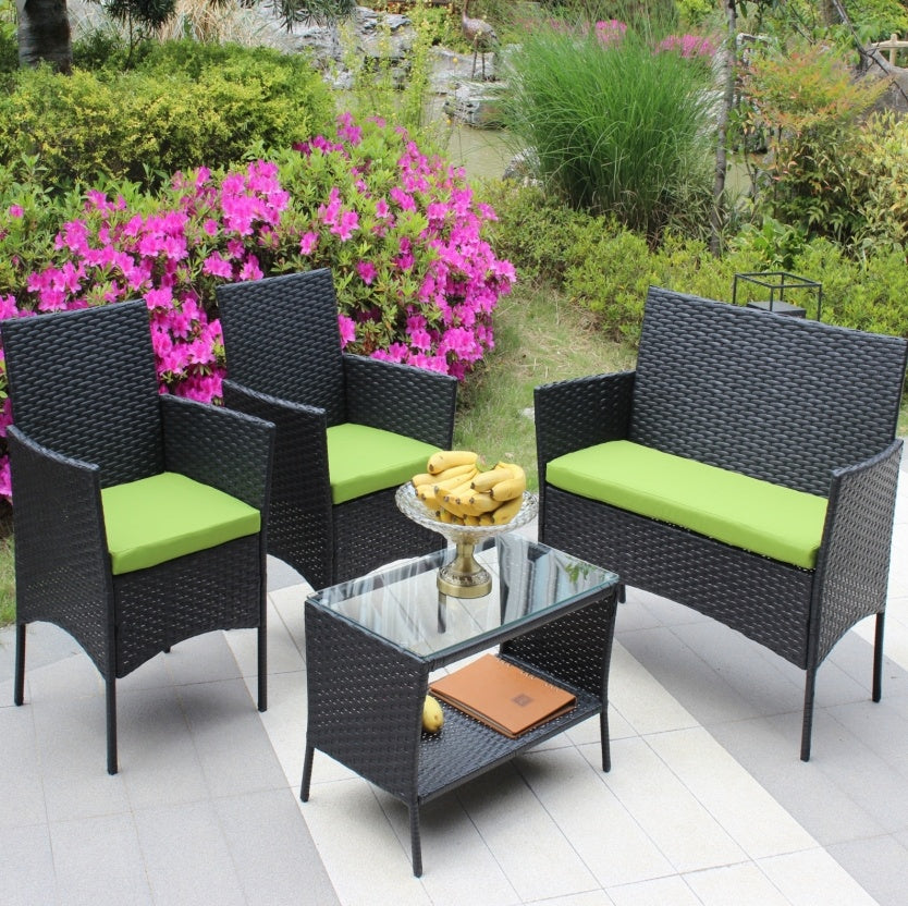 US Local 4PC Rattan Patio Furniture Set Outdoor Wicker Sofa W  Green Cushions