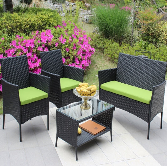 US Local 4PC Rattan Patio Furniture Set Outdoor Wicker Sofa W  Green Cushions