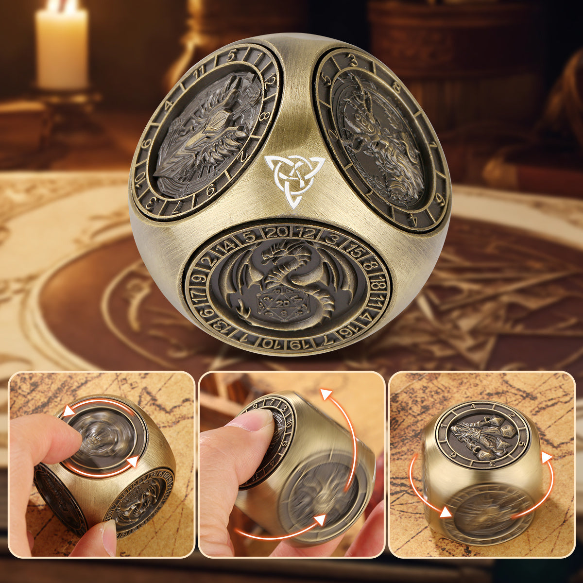 US Local 6-pack DND Dice Wheel Gift Box Set, Retro Wheel Metal Polyhedral Board Game Prop, Desktop Role Playing Decoration Collectibles Game Dice Accessories