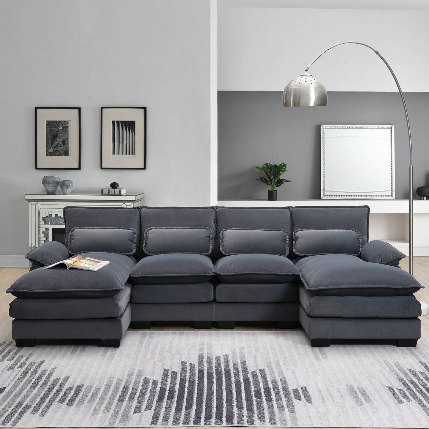 US Local New Modern U-shaped Sectional Sofa, 6-Seat With Waist Pillows 109.8 55.9