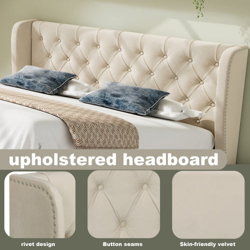 UK Local Upholstered Bed, With Hydraulic Lever, Functional Bed From Storage, 135 X 190 Cm, Without Mattress, Velvet, Beige
