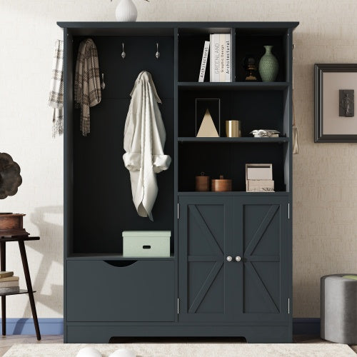 US Local Multi-functional Hall Tree With Storage Shelves Drawers And Cabinet, Elegant Hallway Shoe Cabinet With Bench, Modern Coat Rack With Hooks For Hallway Entryways