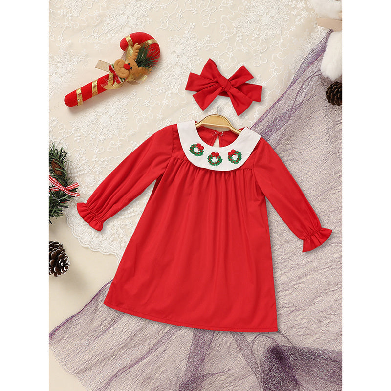 US Local Toddler Kids Baby Girls Christmas Dress Christmas Wreath Embroidered Party Dresses With Headband