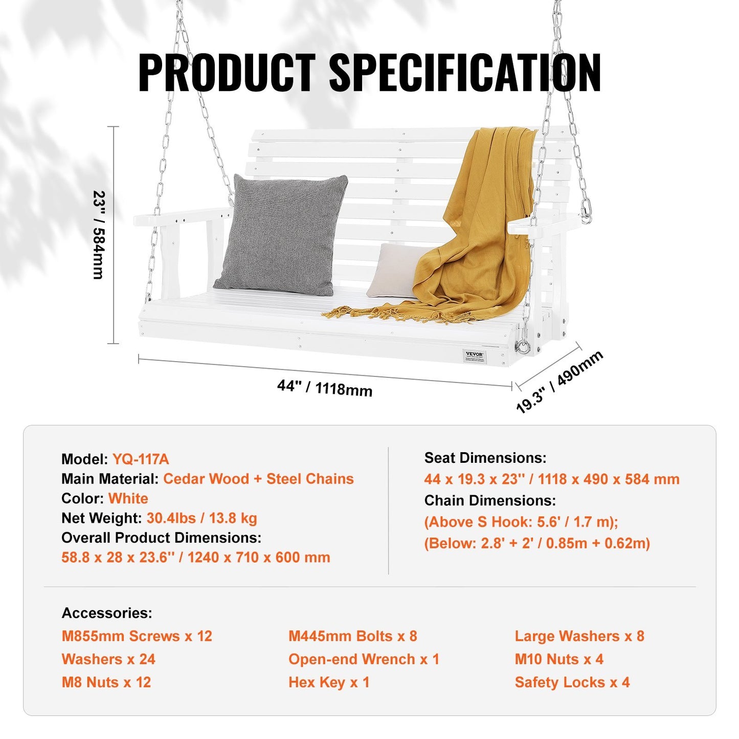 US Local VEVOR Wooden Porch Swing 4 Ft, Patio Bench Swing For Courtyard & Garden, Upgraded 880 Lbs Strong Load Capacity, Heavy Duty Swing Chair Bench With Hanging Chains For Outdoors, White