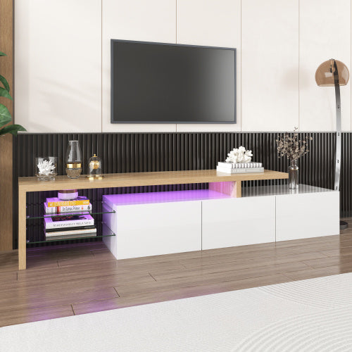 UK Local Modern TV Cabinet Design Stylish And Elegant, Practical Storage, High-gloss White, Wooden Look, Glass Shelves, LED Lighting
