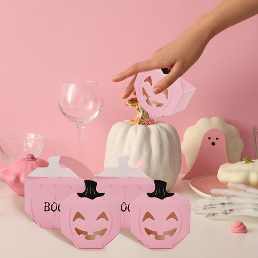 10Pcs Halloween Pink Pumpkin Gift Boxes Unique Candy Boxes With Hollow Scary Smiley Face Window Trick Or Treat Candy Goodie Bags For Halloween Birthday Party Haunted House Table Decoration
