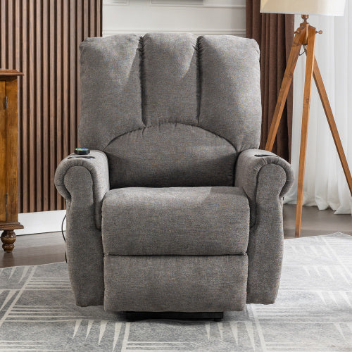 UK Local Electric Lift Grey Senior Chair - Single Motor, Heated Massage, Stand Assist, Storage Pockets, Cup Holders