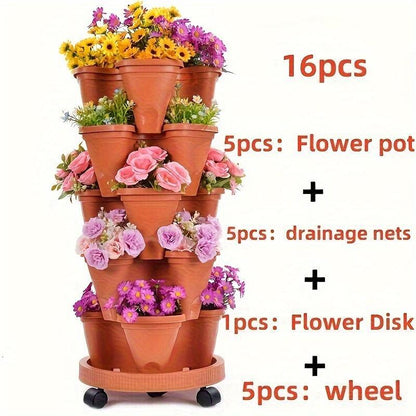 US Local 16 Pieces 5-Layer Stackable Flower Pots Vertical Garden Flowers Herbs Strawberry Vegetables Durable Plastic With Mobile Wheels Indoor And Outdoor Flower Pots
