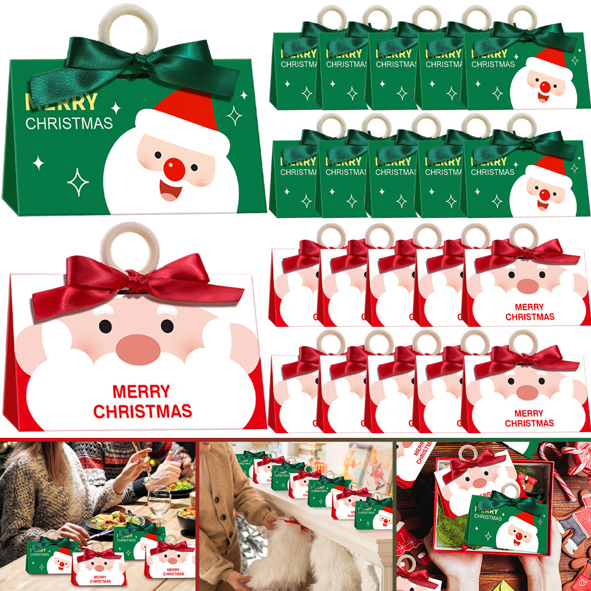 US Local 10 Pack Christmas Candy Boxes With Ribbon And Wooden Ring Merry Cartoon Paper Treat Boxes Christmas Santa Claus Pattern Cookie Goodies Box For Christmas Birthday Wedding Gift Wrapping Holiday Party Su