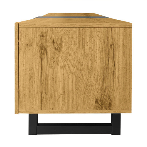 UK Local Colorblock TV Cabinet, Simple Contrasting Color Design, Three Doors And Two Compartments, U-Shaped Metal Legs, Retro Wood Grain