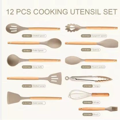 US Local Non-Stick Silicon 12 Pcs Heat Resistant Wooden Handle Kitchen Cooking Utensils Set, Khaki Color