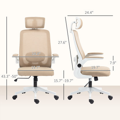 US Local Mesh Office Chair, Ergonomic Desk Chair With Flip-up Armrest, Rotatable Headrest, Adjustable Lumbar Support, Khaki