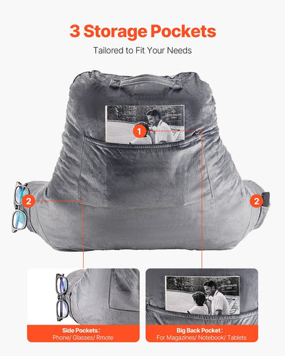 US Local Reading Pillow, Large Size Bed Pillow With Shredded Memory Foam, Back Pillow With 3 Pockets And Washable Short Velvet Cloth, Top With Handle, For Watching TV, Reading, Gaming, Resting, Grey