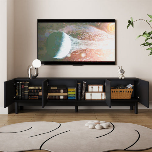 UK Local TV Cabinet With Curved, Wave-Shaped Doors, Shelves, And TV Stand With Stabilizing Legs